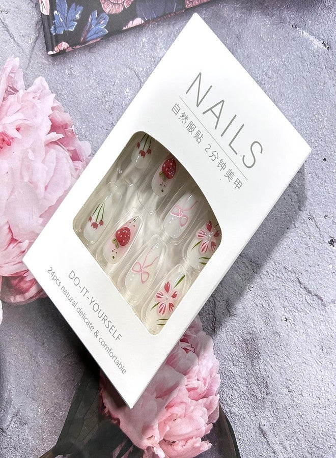 CJDLTS Flower Press on Nails Medium Almond Shaped 3D Cute Floral Blush Strawberry with Glossy Rabbit Pearl Stick on Nails Full Cover Artificial Acrylic Fingernails Glue on Nail for Women Manicure - Image 5